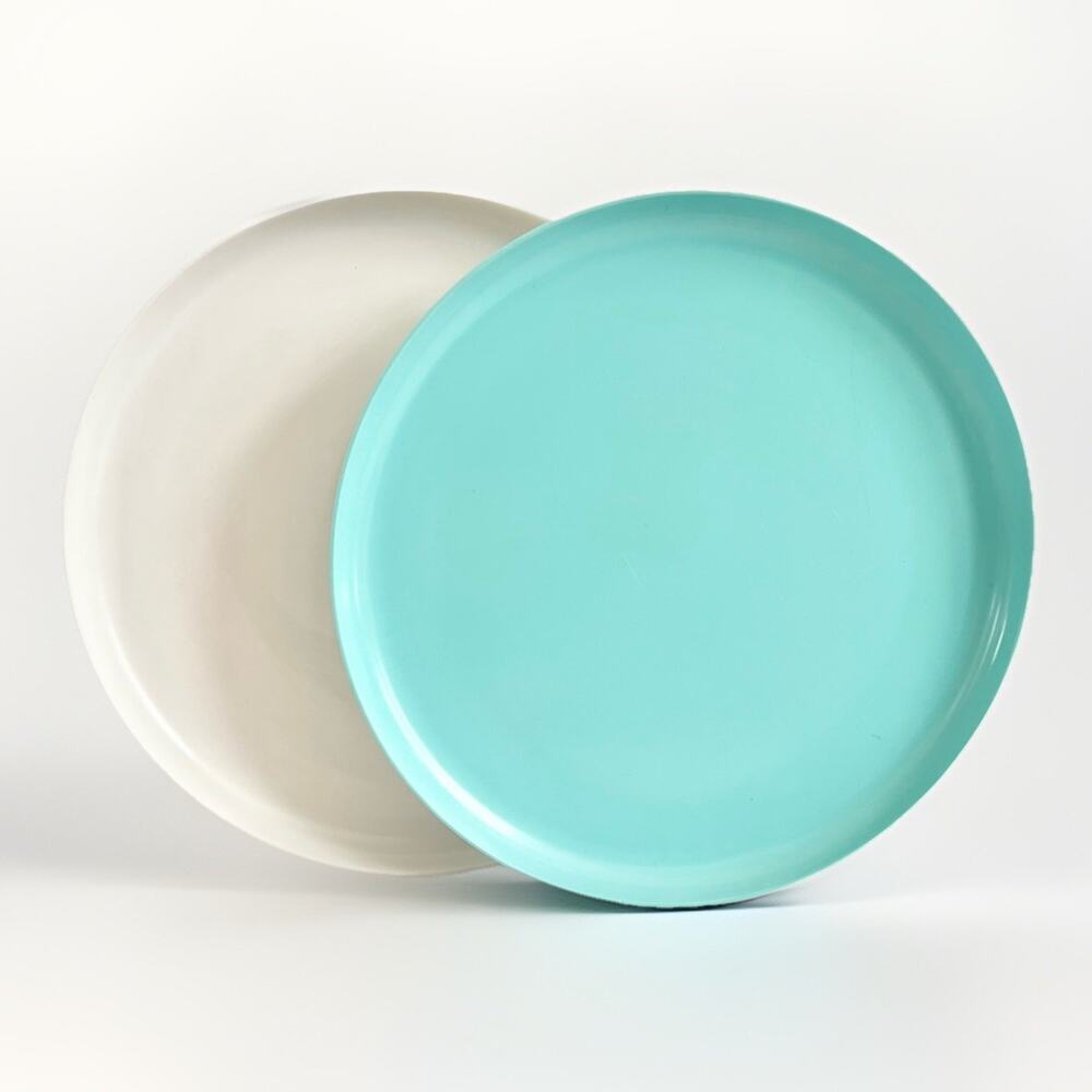 2 Vintage Prolon Florence Melamine Plates Turquoise Off White 7800 MCM Pair 10”